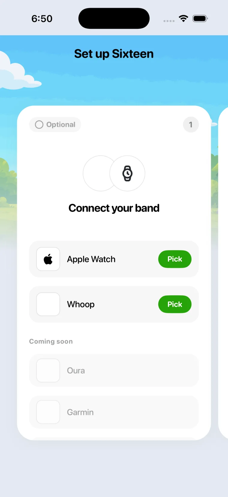 Sixteen setup screen with Apple Watch and WHOOP as connect options and Oura and Garmin marked coming soon