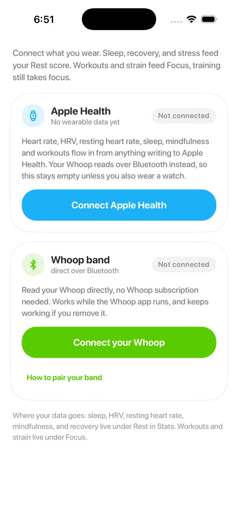 Sixteen integrations screen showing Apple Health and WHOOP band connection options