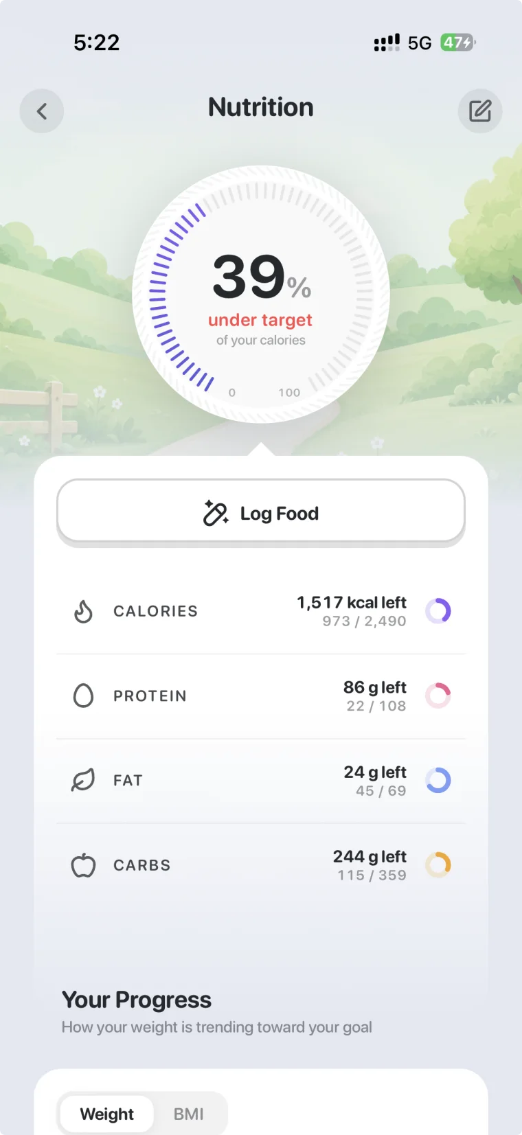 Sixteen nutrition screen showing 39% under target with calories, protein, fat and carbs left and a Log Food button