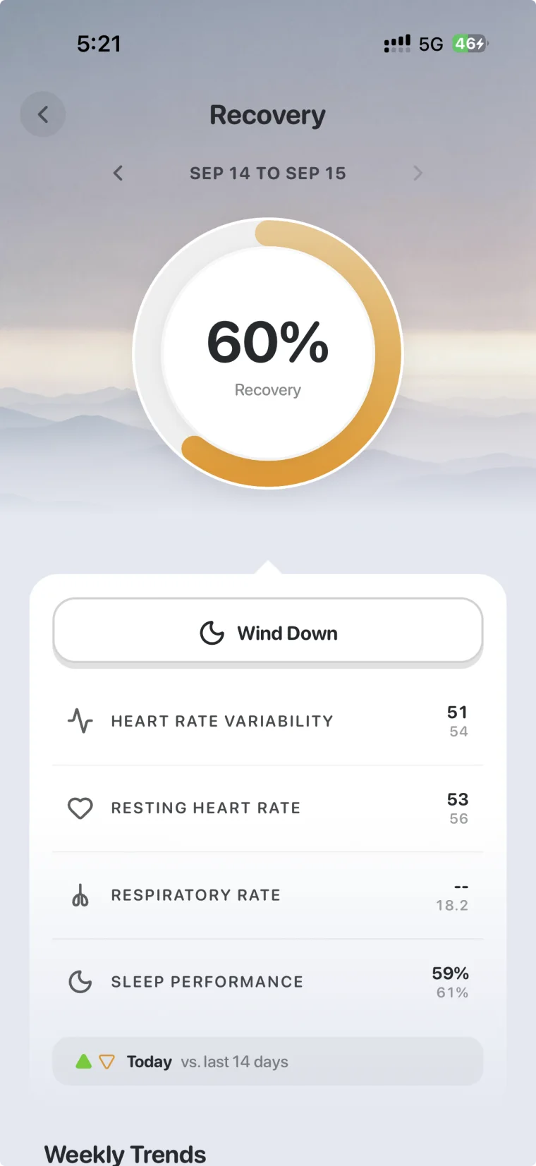Sixteen recovery screen showing a 60% recovery ring with HRV 51 against 54, resting heart rate 53, respiratory rate and sleep performance