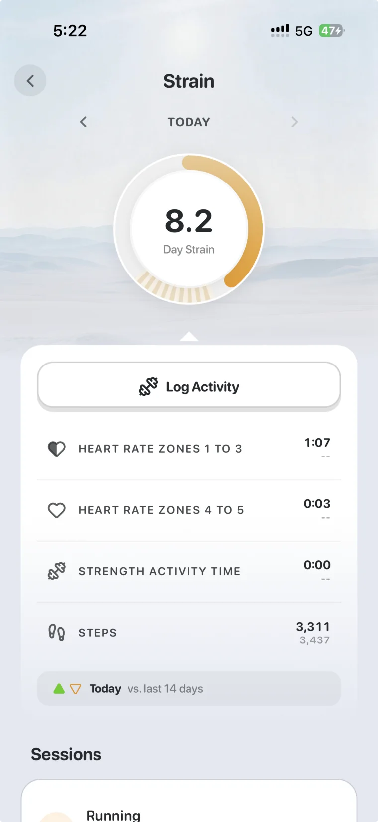 Sixteen strain screen showing a day strain of 8.2 with heart rate zones, strength activity time and 3,311 steps