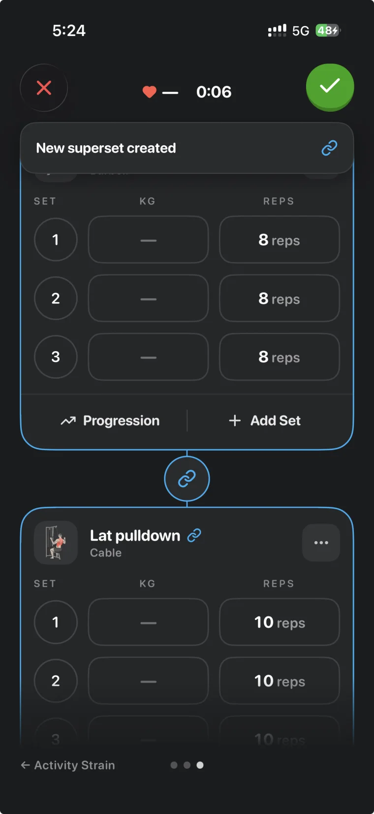 Sixteen workout log with a superset of barbell row and lat pulldown, sets, kg and reps, progression and add set buttons